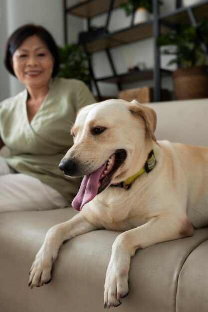 Frau sitzt mit ihrem Hund zu Hause auf dem Sofa