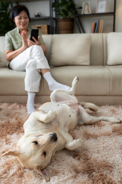 Frau sitzt zu Hause auf Sofa mit Smartphone neben ihrem Hund