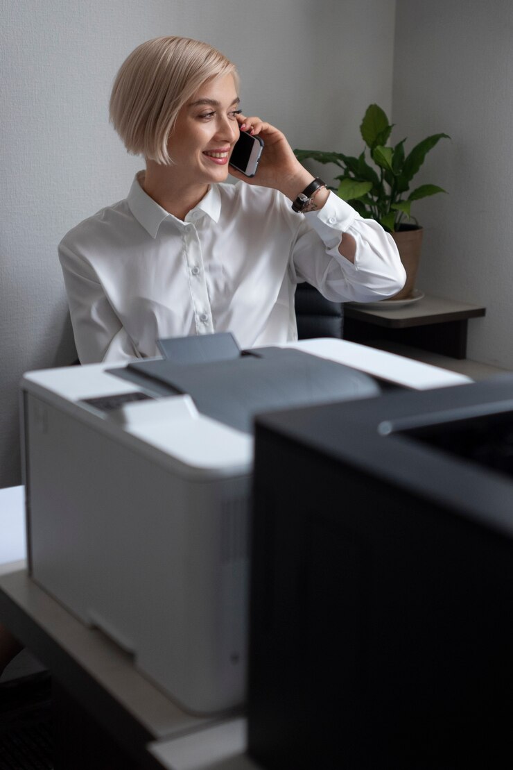 Kostenlose Foto frau telefoniert bei der arbeit neben dem drucker