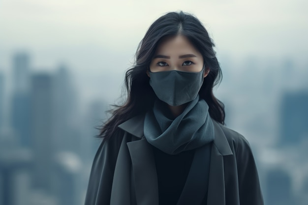 Kostenloses Foto frau trägt gesichtsmaske wegen extremer umweltverschmutzung