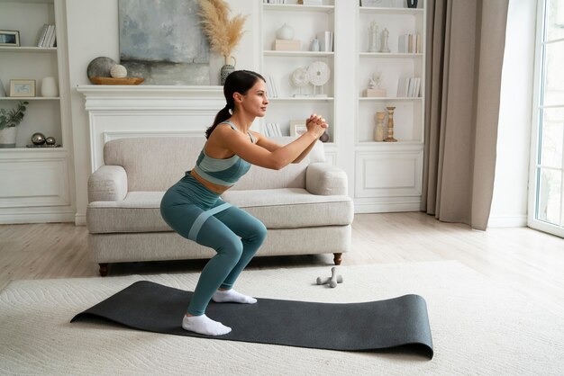 Frau trainiert zu Hause auf einer Fitnessmatte