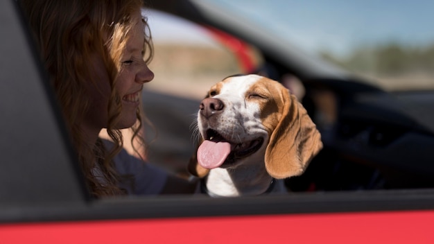 Frau und glücklicher Hund gehen auf eine Fahrt