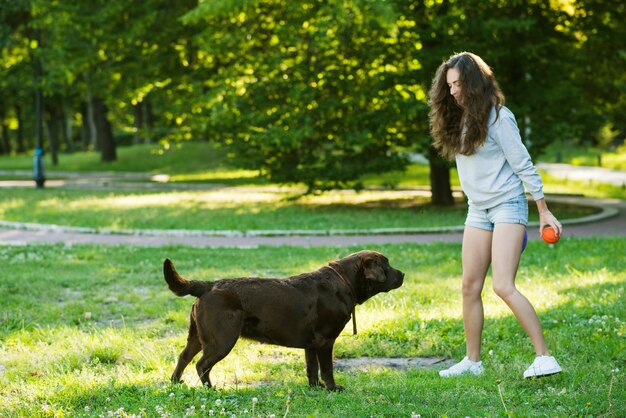 Frau und ihr Hund, die auf Gras spielen