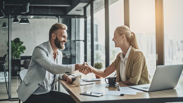 Frau und Mann geben sich die Hand, Partner haben einen Deal abgeschlossen, der mit generativer KI-Technologie erstellt wurde