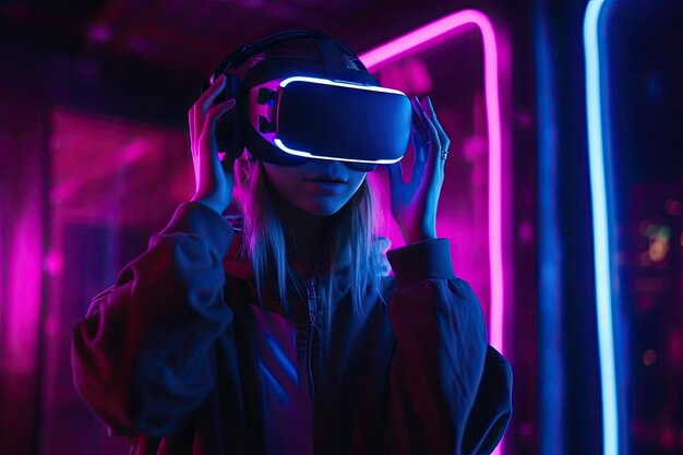 Frau verwendet Virtual-Reality-Headset Neonlicht-Studioporträt Konzept der Virtual-Reality-Technologie Ai generative