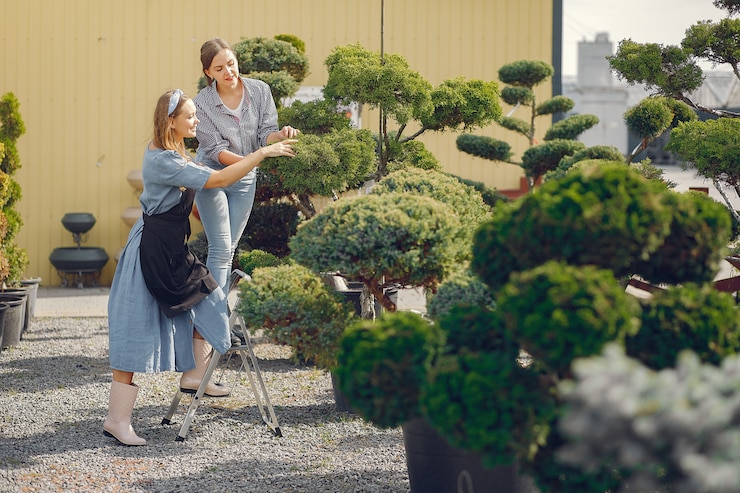 Kostenlose Foto frauen arbeiten in einem gewächshaus mit grünen bäumen