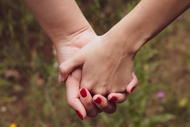 Frauen halten sich romantisch an den Händen im Wald