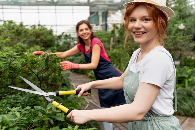 Frauen pflegen ihre Pflanzen in einem Gewächshaus