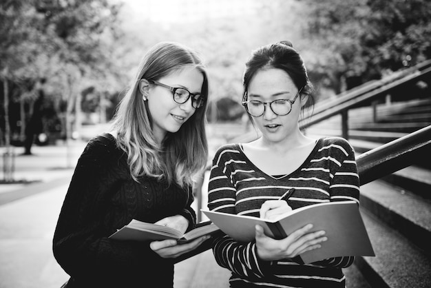 Frauen, welche die Freundschaft studierend Brainstorming Concept sprechen