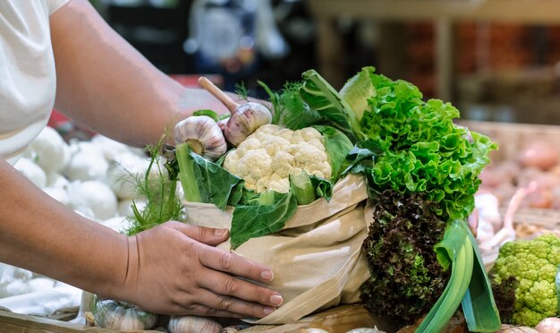 Frauenhände, die frischen reifen Bio-Brokkoli, Salat mit Gemüse und Gemüse in Baumwolltasche am Wochenend-Bauernmarkt halten