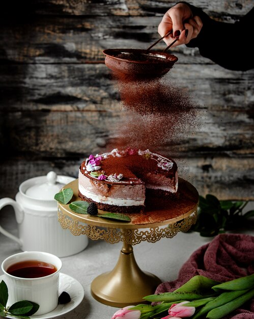 Frauensiebkaffeepulver über Kakaokuchen mit Vanille und Kaffeecreme