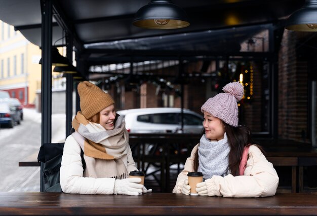 Freunde, die im Winter zusammen reisen