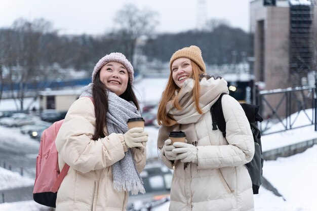 Freunde, die im Winter zusammen reisen