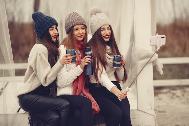 Freunde in einem Winterpark. Mädchen in Strickmützen. Frauen mit Thermoskanne und Tee.