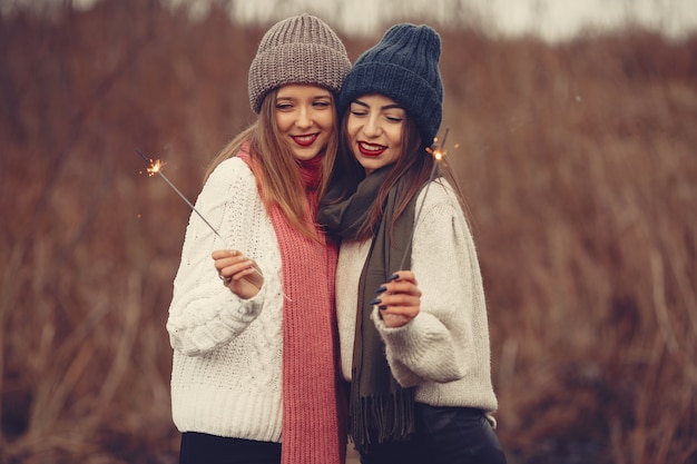 Freunde in einem Winterpark. Mädchen in Strickmützen. Frauen mit Wunderkerzen.