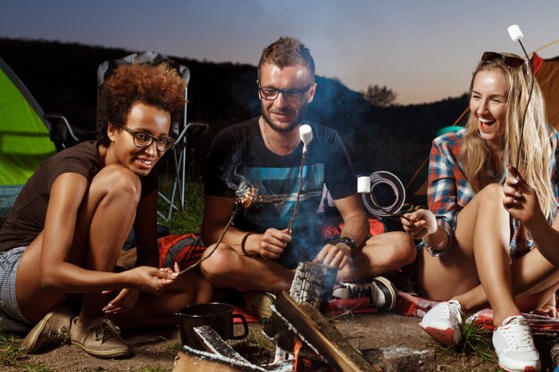 Freunde sitzen in der Nähe von Lagerfeuer, lächelnd, spielen Gitarre Camping Grill Marshmallow.
