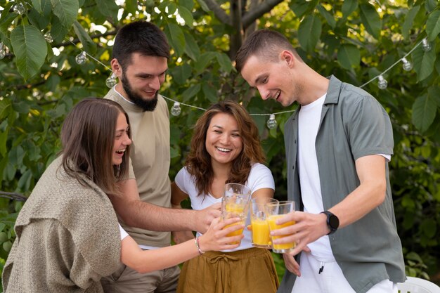 Freunde stoßen mit den Gläsern mittlerer Schuss