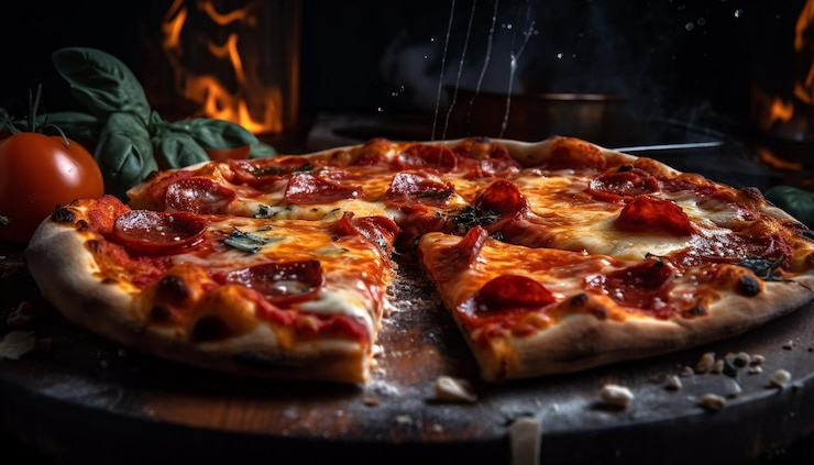 Kostenlose Foto frisch gebackene gourmet-pizza auf rustikalem holztisch, generiert von ki