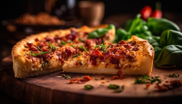Kostenloses Foto frisch gebackene hausgemachte pizza auf rustikalem holztisch, generiert von ki