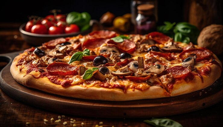 Kostenlose Foto frisch gebackene pizza auf rustikalem holztisch, generiert von ki