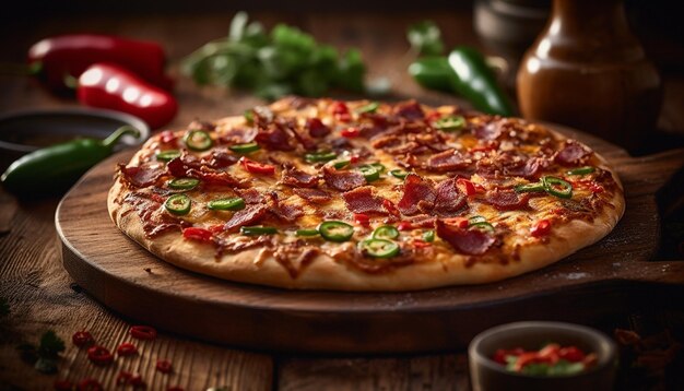 Kostenloses Foto frisch gebackene pizza auf rustikalem holztisch, generiert von ki