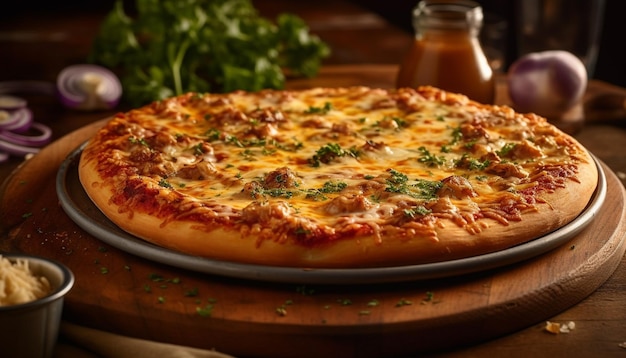 Kostenloses Foto frisch gebackene rustikale pizza auf einem holztisch, generiert durch ki