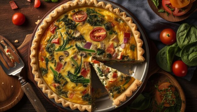 Frisch gebackene vegetarische Quiche auf rustikalem Holztisch, generiert von KI