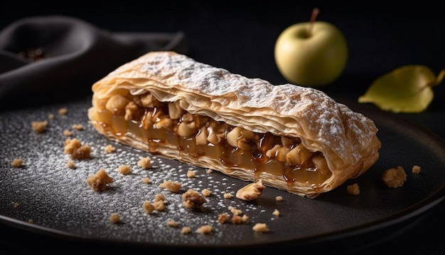 Kostenloses Foto frisch gebackener apfelstrudel auf rustikalem teller, generiert von ki