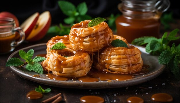 Kostenloses Foto frisch gebackener pfannkuchen mit minzblättersirup, erzeugt von ki