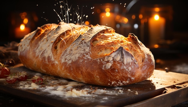 Kostenloses Foto frisch gebackenes brot auf einem holztisch, das von künstlicher intelligenz generiert wird