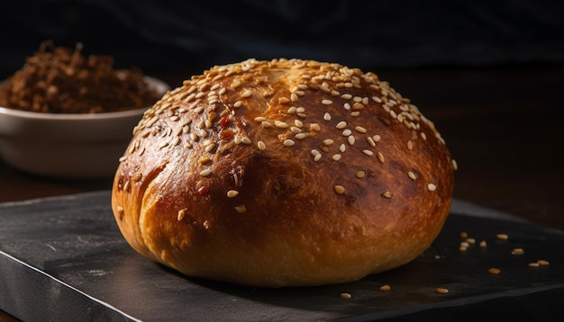 Frisch gebackenes Brot auf rustikalem Holztisch, generiert von KI