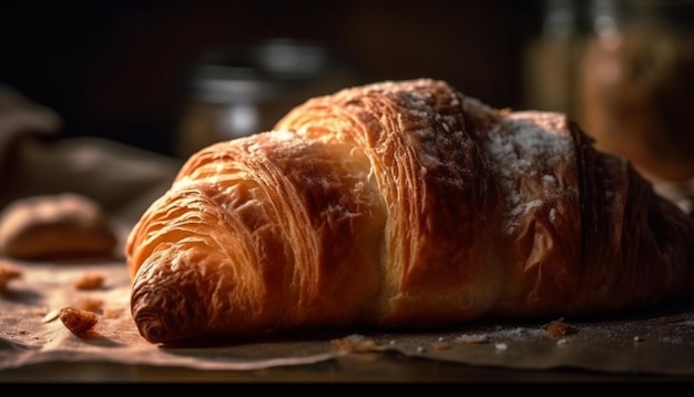 Frisch gebackenes französisches Gebäck auf rustikalem Tisch, generiert von KI