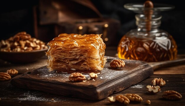 Kostenloses Foto frisch gebackenes rustikales baklava mit gehackten nüssen, erzeugt von ki