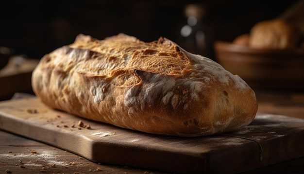 Frisch gebackenes Vollkornbrot auf einem von KI generierten Schneidebrett