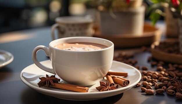 Frisch gebrühter Kaffee auf einem Holztisch, ein wohliges Aroma, erzeugt durch künstliche Intelligenz