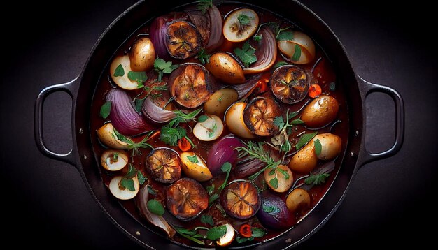 Frisch gekochter vegetarischer Auflauf auf rustikalem, von KI erzeugtem Holz