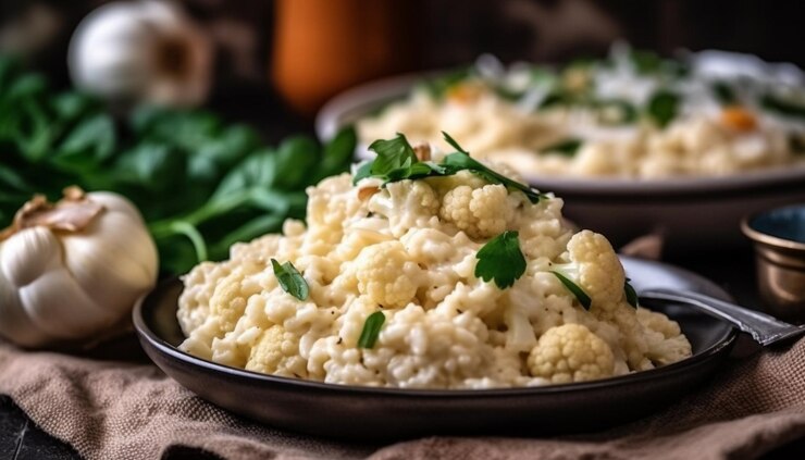 Kostenlose Foto frisch gekochtes vegetarisches risotto auf rustikalem, von ki erzeugtem geschirr