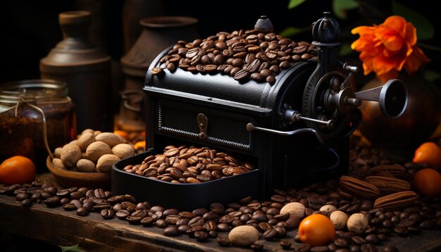 Frisch gemahlene Kaffeebohnen bringen rustikales Aroma auf den Tisch, erzeugt durch künstliche Intelligenz