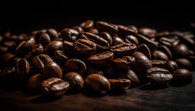 Frisch geröstete dunkle Kaffeebohnen, selektiver Fokus, generative KI