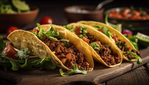 Frisch zubereiteter Rindfleisch-Taco mit Guacamole und Koriander, erzeugt von KI