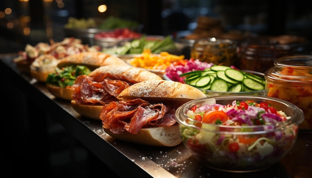 Kostenloses Foto frische auf dem teller, gegrilltes fleisch, gourmet-sandwich, gesunder salat, erzeugt durch künstliche intelligenz.