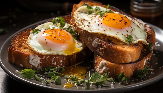 Kostenloses Foto frische auf dem teller, gegrilltes sandwich, gesundes essen, gebratenes ei, rustikales schweinefleisch, erzeugt durch künstliche intelligenz.