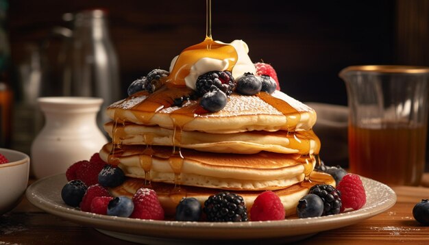 Frische Beerenpfannkuchen mit Honig und Sirup, die von KI erzeugt werden