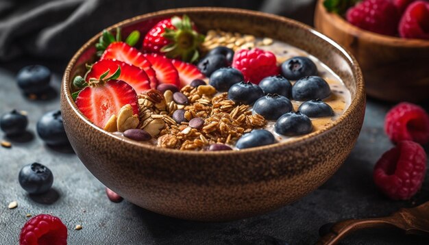 Frische Beerenschüssel Heidelbeer-Himbeer-Müsli-Joghurt, generiert von KI