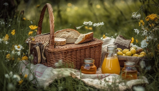 Frische Bio-Mahlzeit im Weiden-Picknickkorb, generiert von KI
