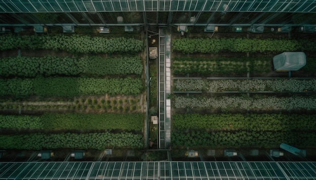 Kostenloses Foto frische bio-pflanzen, die in einem modernen, von ki erzeugten gewächshaus angebaut werden