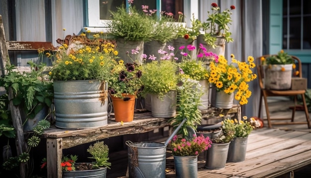 Kostenloses Foto frische blumen blühen in einem von ki generierten tontopfgarten