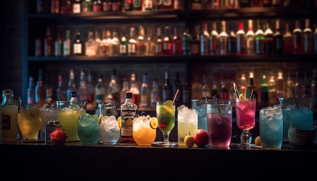 Frische Cocktails auf einem Holztisch im Nachtclub, generiert durch KI