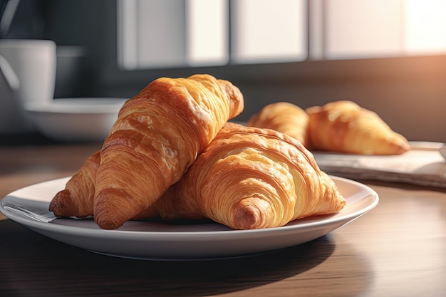 Frische Croissants auf einem weißen Teller in der Küche Ai generativ