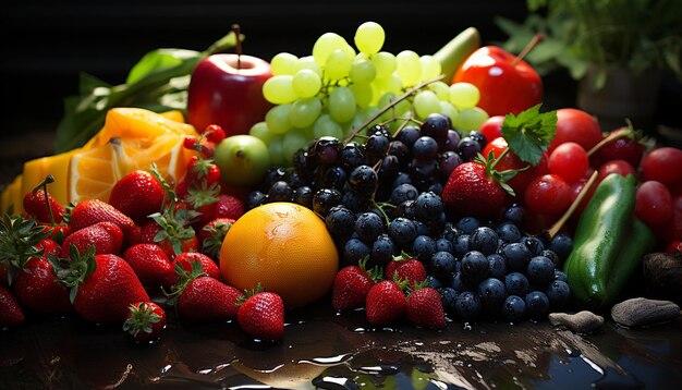 Frische des sommerlichen, lebendigen, gesunden Beerensalats auf einem Holztisch, erzeugt durch künstliche Intelligenz